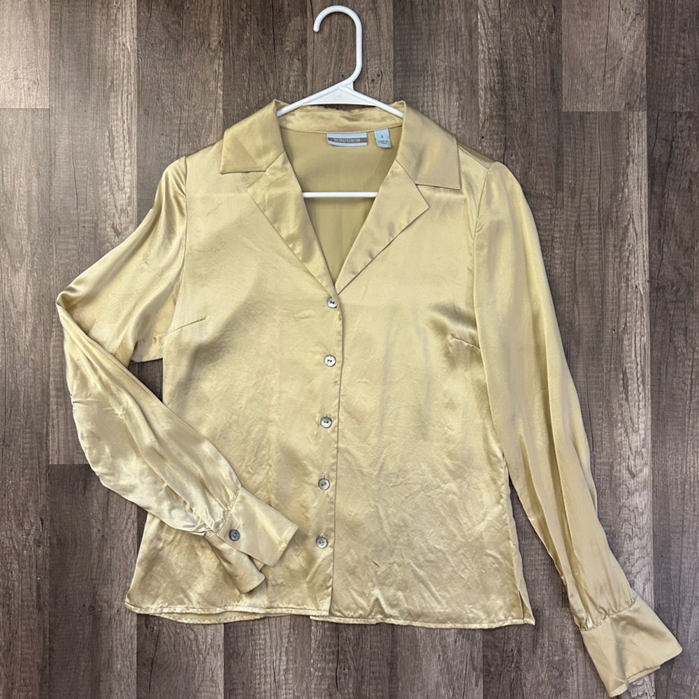 Liquid Silk Champagne Gold Top Nordstrom Mother of Pearl Buttons